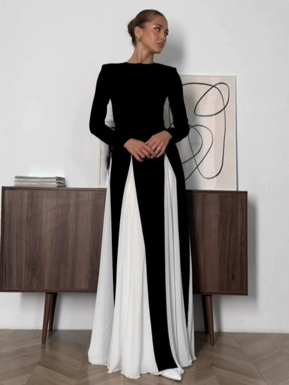 Fall Winter Round Neck Color Block Long Sleeve High Waist Slim Chic Retro Dress - Picture 4 of 6